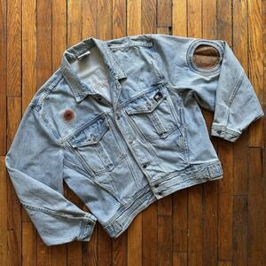 Vtg 90s Parasuco Cropped Acid Wash Denim Jean Jacket Leather Patch Women Large